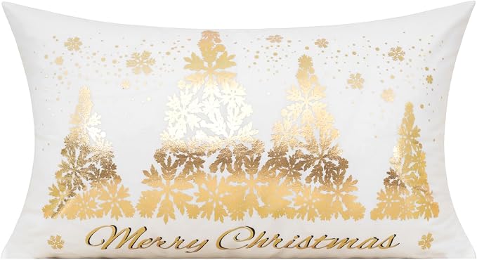 All Smiles 12X20 Lumbar Christmas Throw Pillow Covers Cases Set of 2 White Gold Xmas Decorations Winter Navidad Indoor Home Holiday Décor Ornaments Velvet Cushion for Sofa Tree Snowflake Reindeer