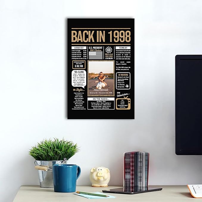Personalized 27th Birthday Party Decorations Men, Women, Him, Her - Custom Gifts Idea For 27 Years Old, Back In The Year You Born Newspaper For 27th Birthday Poster No Frame Black Gold