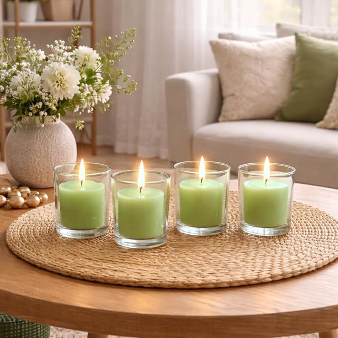 Set of 12 Green Vanilla Lime Scented Richland Votive Candles and 12 Clear Glass Eastland Votive Holders