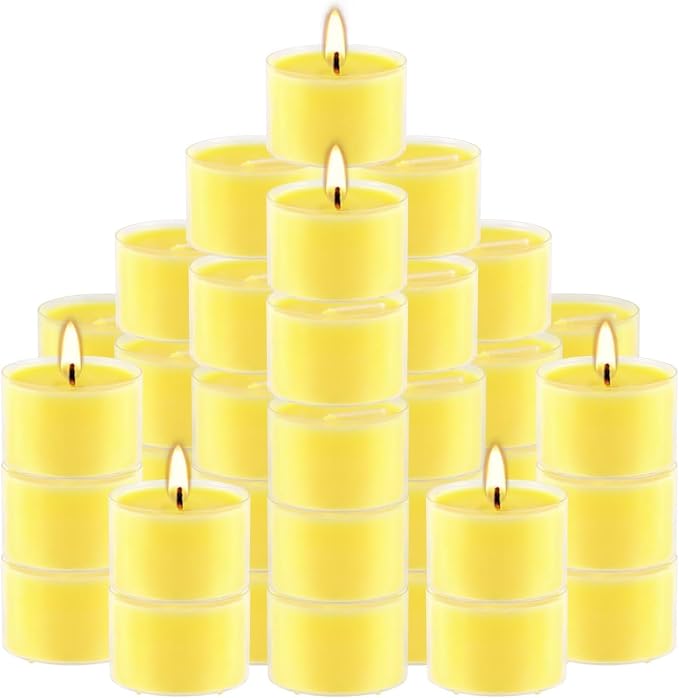 100 Pack Clear Tea Lights Candles Bulk, Summer Citronella Candle Outdoor and Indoor, for Birthday Emergency Home Garden(8 Hour, Yellow)