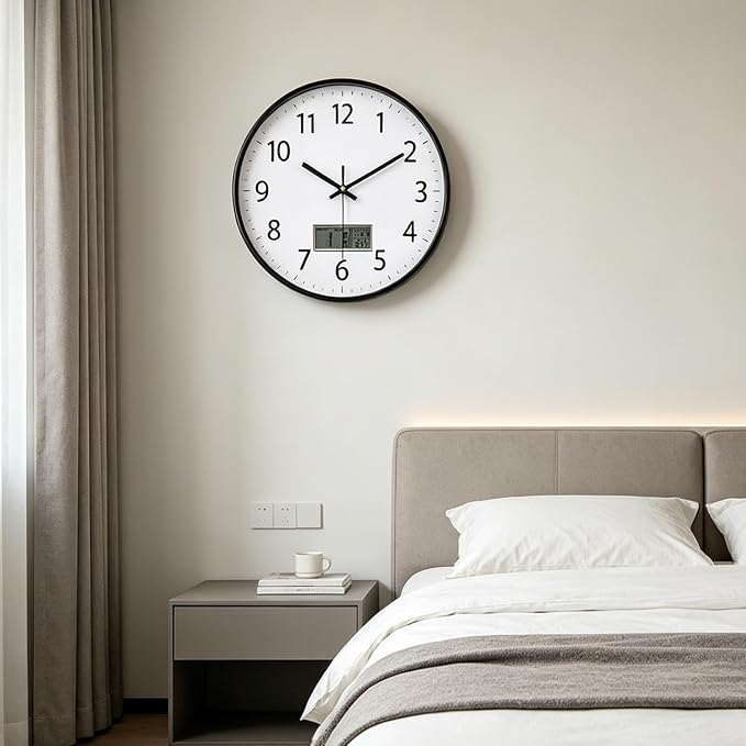 SIN&MI Wall Clock 12 Inch LCD Display Number Frame Glass Cover Non-Ticking Number Quartz Wall Clock Modern Quartz Design Decorative Indoor/Kitchen White