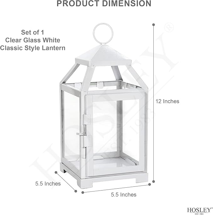 Hosley Set of 2 Clear Glass and Iron White Color Farmhouse Classic Style Lantern 12 Inch High Ideal Gift for Weddings Bridals Special Occasions Parties Aromatherapy and Spa Settings O4