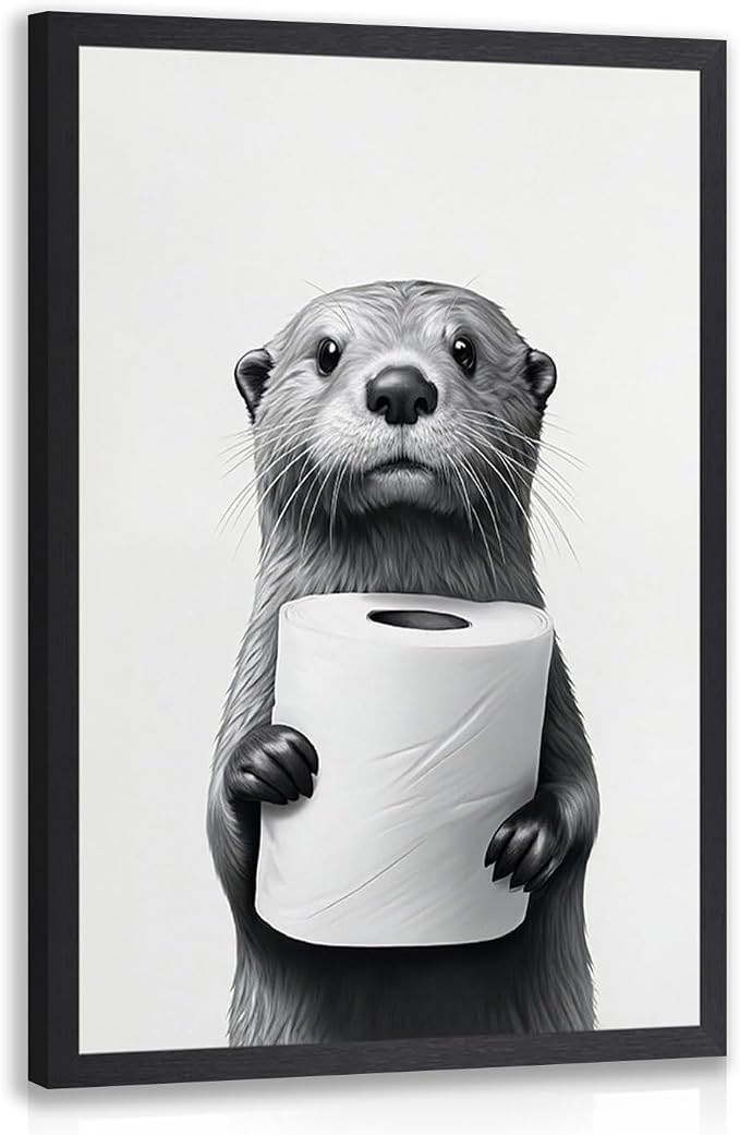 LLEEMPI Funny Otter Toilet Paper Bathroom Wall Art,12x16 Wood Framed Print | Black and white minimalist otter decor for bathroom, restroom or hallway; a funny housewarming gift for animal lovers.