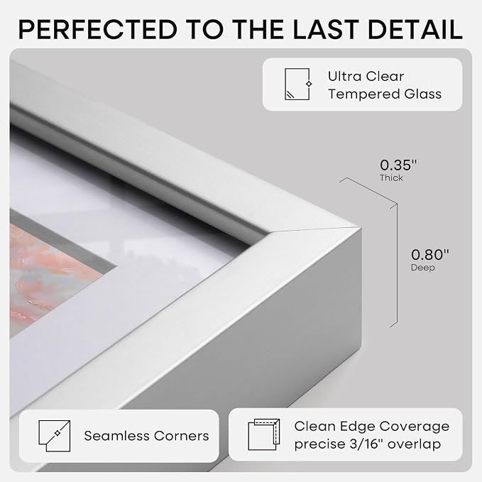Homeforia 11x15 Silver Picture Frame, High-End Metal, 8.5x11 Mat, Glass