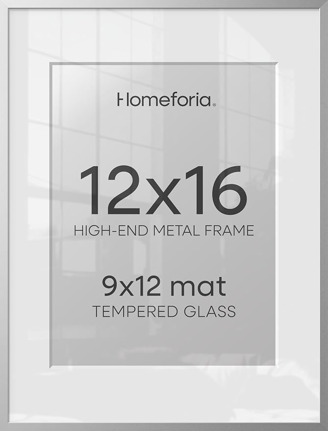 Homeforia 12x16 Silver Picture Frame, High-End Metal, 9x12 Mat, Glass