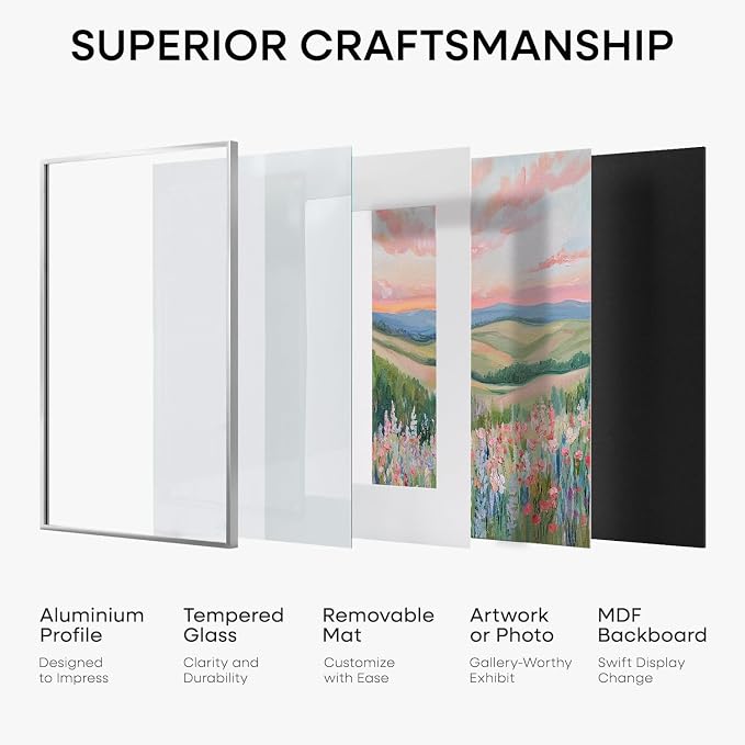 Homeforia 16x16 Silver Picture Frame, High-End Metal, 12x12 Mat, Glass