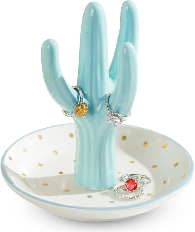 PUDDING CABIN Cactus Ring Holder, Birthday Gift for Women Her Mom Friend Female, Macaron Jewelry Dish with Dots Ins Room Decor Jewelry Dish for Rings Earrings Bracelets Necklace Organizer…