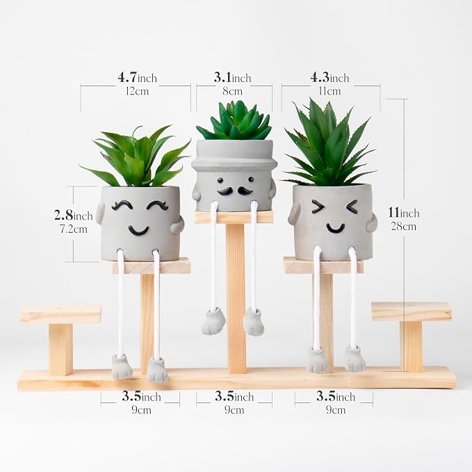 3 Pack Cute Fake Succulent Plants with Hanging Legs, Funny Desk Decor for Women, Small Artificial Plants in Funny Cement Pots, Cute Shelf Sitters for Office Desk Home Decorations