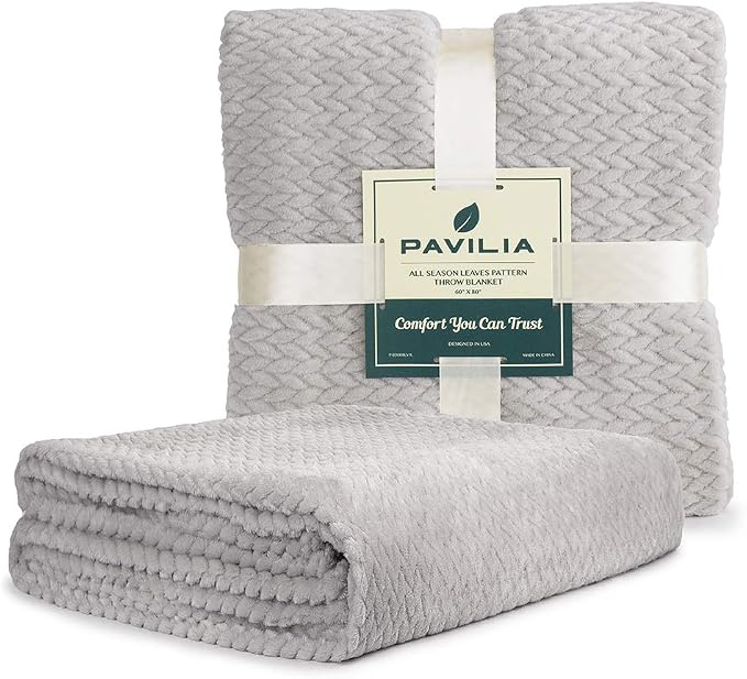 PAVILIA Soft Fleece Light Grey Throw Blanket for Couch, Lightweight Plush Warm Blankets for Bed, Fuzzy Cozy Flannel Blanket Throw for Sofa, Travel, Jacquard Pattern, Light Gray, Twin, 60x80 inch