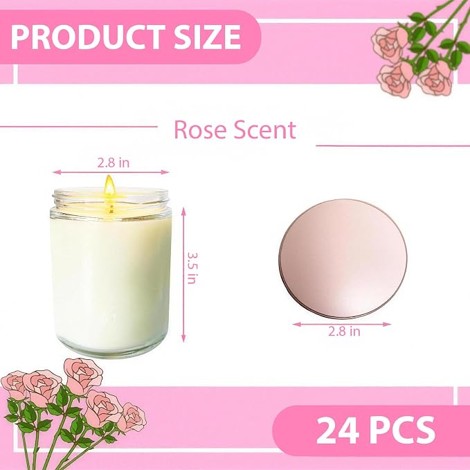 24 Pcs 6 Oz Rose Scented Soy Candles Set,Mason jar Bulk Candles for Gifts,Aromatherapy Candle,Great Stress Relieving Scented Candle for Girls as a Gift for Birthdays, Weddings and More!
