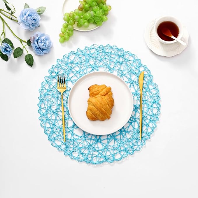 IcosaMro Sky Blue Round Placemats Set of 12 for Dining Table, 13 Inches Paper Woven Boho Small Decorative Circle Place Mat for Wedding Christmas Thanksgiving Day Holiday Dinner, Sky Blue