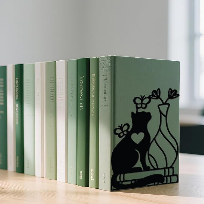 WADORN 1 Pair Cute Cat Flower Metal Decorative Bookend for Shelves, Heavy Duty Book Ends Modern Non-Skid Books Holder Stand Black Book Support Stoppers for Desk Bookshelf Office Home, 5.3x4.3x7.9 Inch