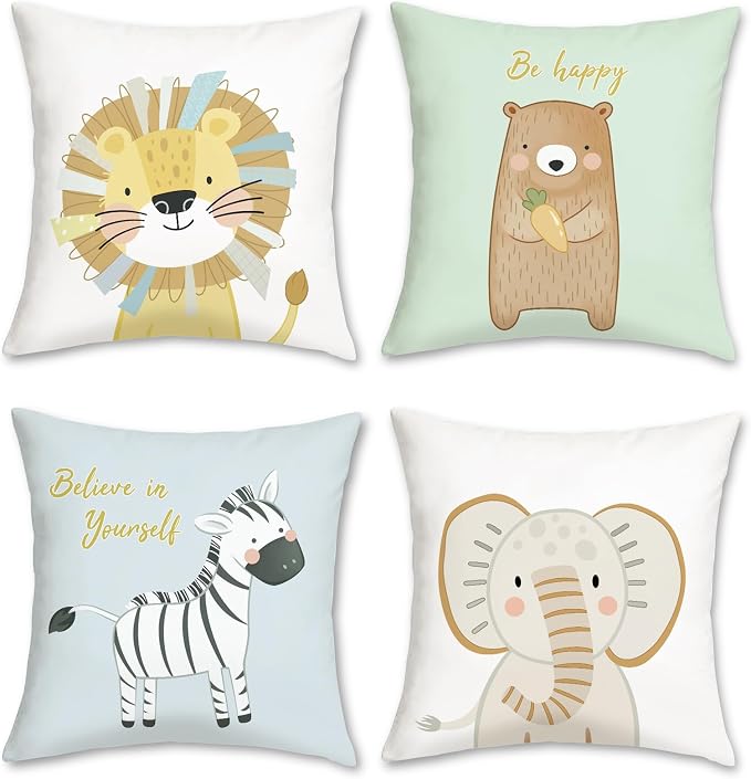 Bonhause Cartoon Animals Throw Pillow Covers 18 x 18 Inch Lion Bear Zebra Elephant Decorative Soft Velvet Pillow Cases for Couch Sofa Bed Kids Room Decor Set of 4