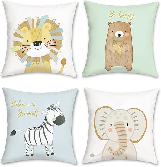 Bonhause Cartoon Animals Throw Pillow Covers 18 x 18 Inch Lion Bear Zebra Elephant Decorative Soft Velvet Pillow Cases for Couch Sofa Bed Kids Room Decor Set of 4