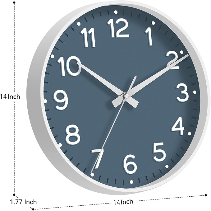 Roymnie 14 Inch Wall Clock Battery Operated Silent Non Ticking Analog | Azure Blue modern analog; large 3D easy-read dial for kitchen, office, bathroom & bedroom; 1 AA battery (not included)