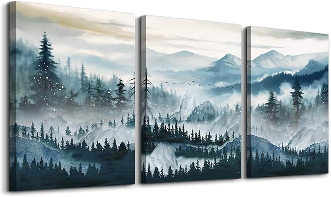 MHARTK66 Mountain Landscape Wall Art for Living Room, Large Foggy Forest Watercolor Artwork for Walls, 3 Piece Nature Mountain Forest Paintings Prints for Hallway Office Kitchen Wall Decor, 16x24 Inch