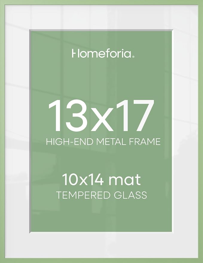 Homeforia 13x17 Green Picture Frame, High-End Metal, 10x14 Mat, Glass