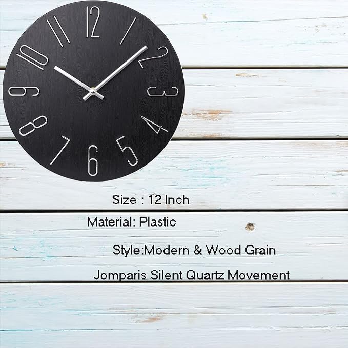 jomparis Black Wall Clock Modern Style Plastic Wooden Wall Clocks Decor 12 Inch Silent Non-Ticking for Office Home Bedroom
