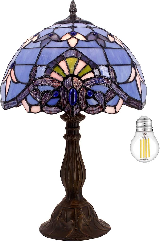 WERFACTORY Tiffany Lamp Stained Glass Table Lamp 18Inch Blue Purple Baroque