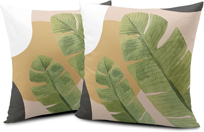 2 Pack Summer Tropical Green Leaves Cushion Covers Banana Palm Tree Pillowcases 22x22 Brown and White Throw Pillow Cover Home Room Decor for Couch Bed