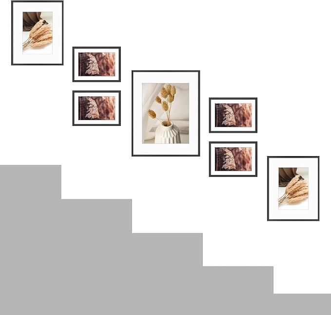 Golden State Art 7 Pack Black Aluminum Frame with White Mat, Real Glass | Includes One 11x14, Two 8x10, Four 5x7 Frames with Sawtooth Hangers for Wall Mounting. Great for gallery wall