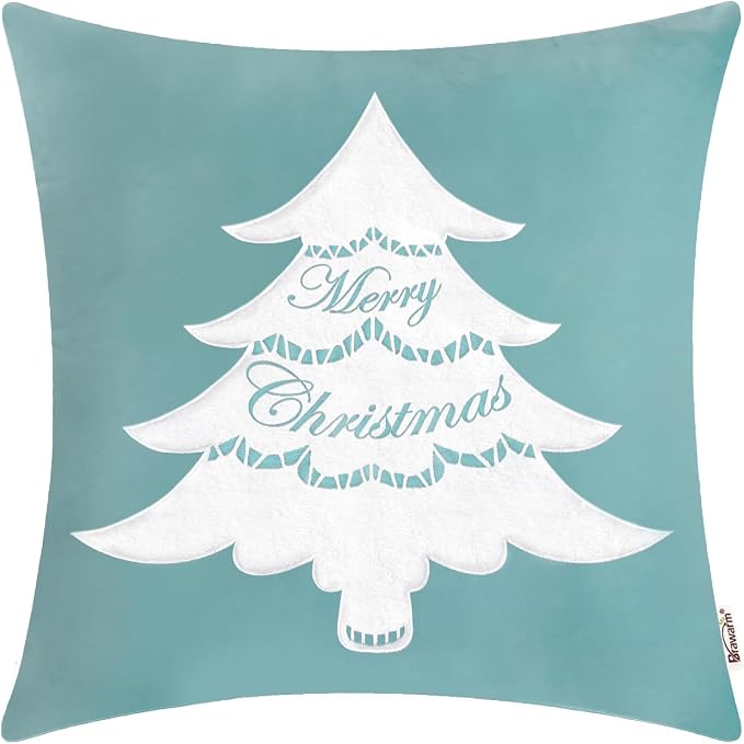 BRAWARM Christmas Pillow Cover 20 X 20 Inches, Teal Christmas Tree Embroidered Pillow Cover, Soft Velvet Decorative Throw Pillow for Couch Bed Sofa Living Room Home