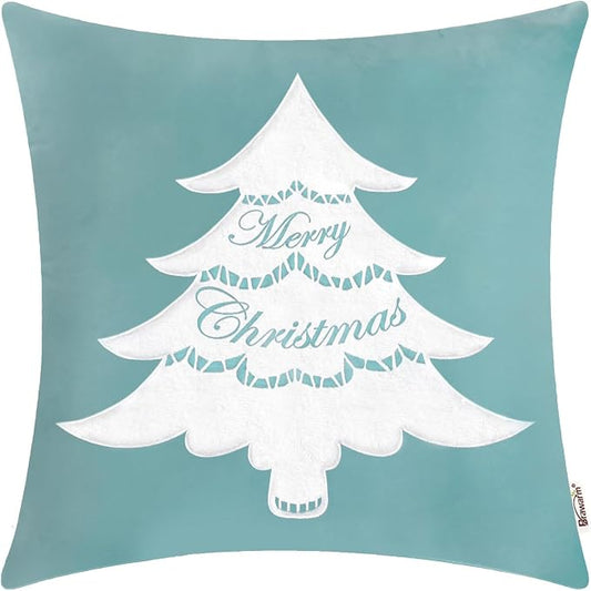 BRAWARM Christmas Pillow Cover 18 X 18 Inches, Teal Christmas Tree Embroidered Pillow Cover, Soft Velvet Decorative Throw Pillow for Couch Bed Sofa Living Room Home