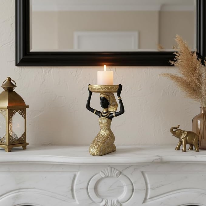 African Lady Figurine Candle Holder with African Tribal Totem for Wedding,Church,Holiday Decor-African Decorative Women Statues, Candlestick Holder for Home and Table Decor(753-Gold)