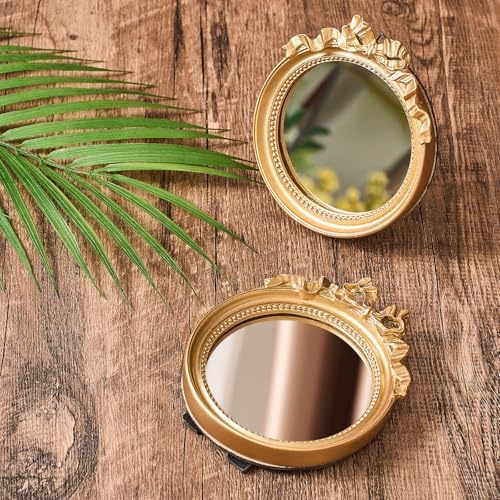 Threehoney 4 Pack Small Vintage Wall Mirror 4.1" Gold Bow Desk Mirror Decorative Round Makeup Mirrors with Resin Frame for Bedroom, Bathroom, Table Decoration