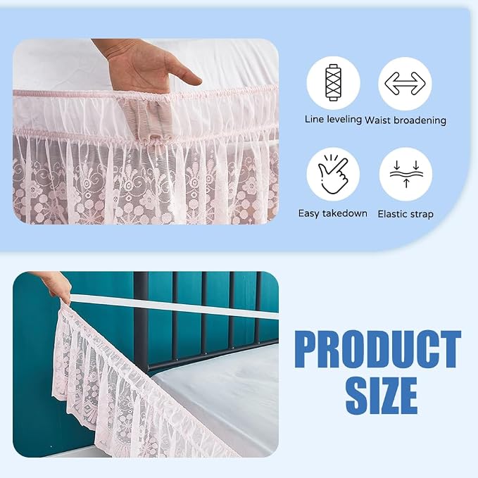 Pink Lace Bed Skirt for King Bed - 15in. Drop, Easy Fit Ruffle Bedskirt Wrap Around Bed Skirt, Anti Wrinkle & Fade Resistant