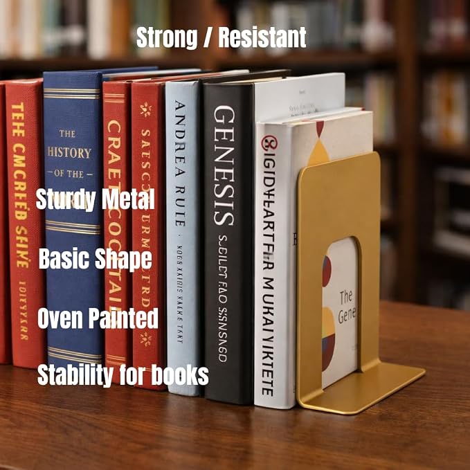 Alessk Gold Metal Bookends for Shelves – Heavy Duty Decorative Bookends for Heavy Books – Modern Book Ends for Home Office Bookshelf – 1 Pairs (2 Pieces)