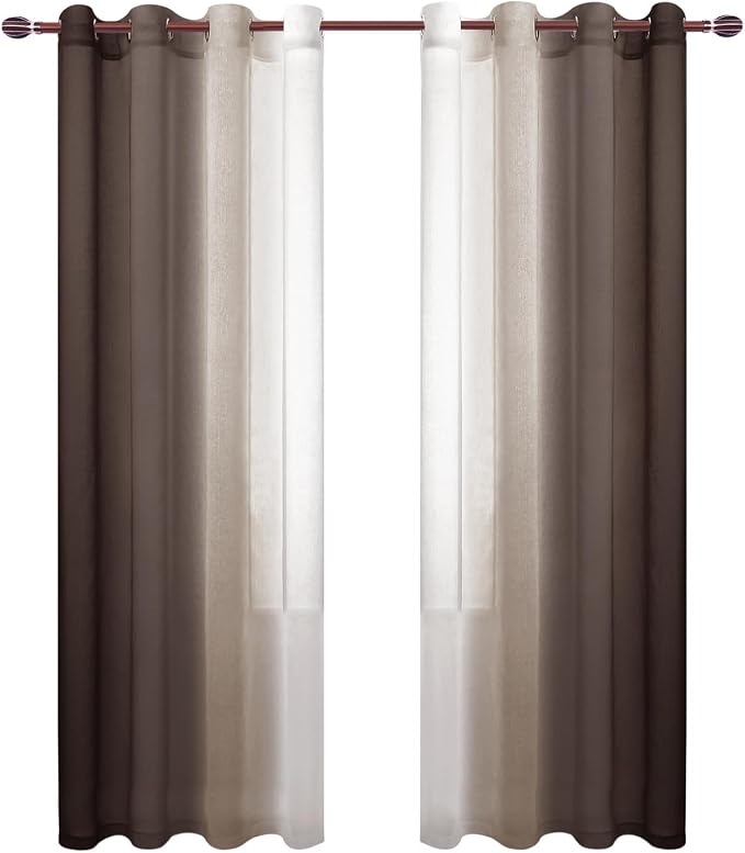 DWCN Ombre Faux Linen Sheer Curtains - Semi Voile Gradient Grommet Top Curtains for Bedroom and Living Room, 52 x 96 Inches Long, Set of 2 Window Curtain Panels, Chocolate Brown