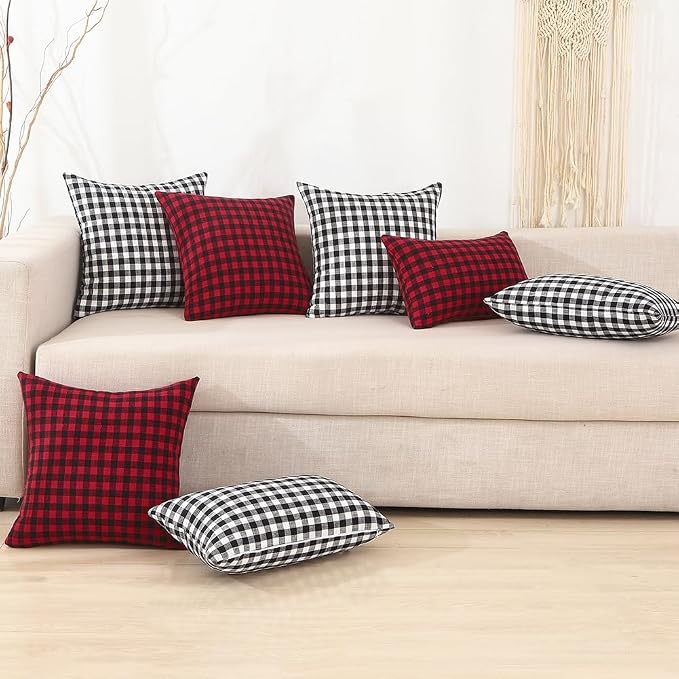 Red and Black Outdoor Christmas Gingham Plaid Pillow Covers 20x20 Set of 2 | Winter Christmas Plaid Decor Pillow Cover 20 x 20, Vintage Farmhouse Red Christmas Decor, Fundas Para Cojines De Sala Navidad