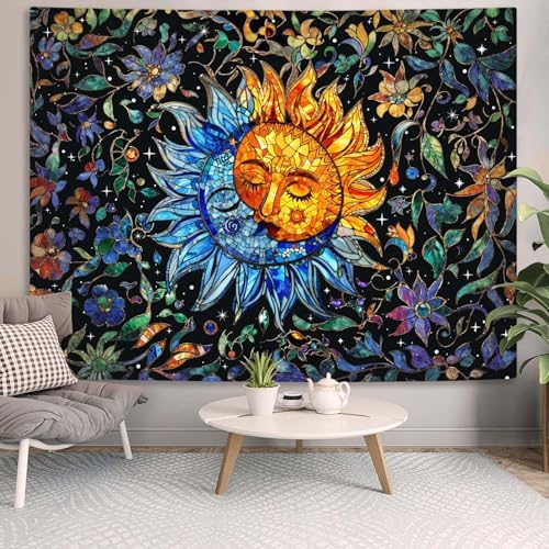 Accnicc Sun and Moon Tapestry Boho Hippie Floral Wall Tapestry for Bedroom Aesthetic Vintage Stained Glass Celestial Plant Large Tapestries Wall Hanging for Living Room Dorm 80 x 60 Inch
