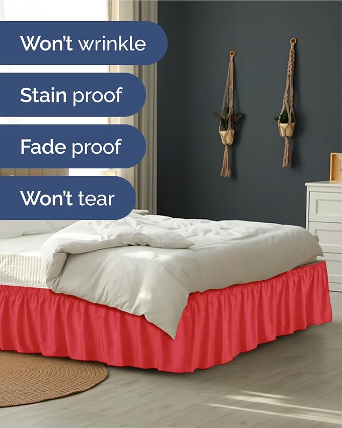 Wrap Around Dust Ruffle Bed Skirt, King Size Beds - Easy 15 Inch Drop, Red | Easy Fit Elastic Strap, Adjustable Pleated Bedskirt w/Brushed Fabric, Wrinkle & Fade Free, for Women, Men, Kids & Teens