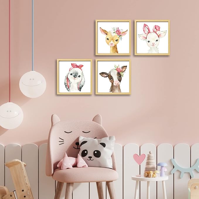 ArtbyHannah Framed Animal Nursery Wall Art Decor, 10x10inch Safari Prints | 4 Pack Pink Woodland Gallery Wall Frame Set Pictures Artwork for Baby Kids Bedrooms Playrooms Showers Home Decoration