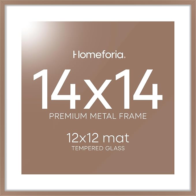 Homeforia 14x14 Mocha Picture Frame, High-End Metal, 12x12 Mat, Glass