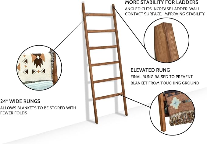 FUIN Blanket Ladder, 24in Wide Rustic Solid Wood Decor Rack, Brown | 6.4 ft high and 6 rungs, farmhouse quilt display holder, organize towel and scarf, leaning wall, bathroom and living room use