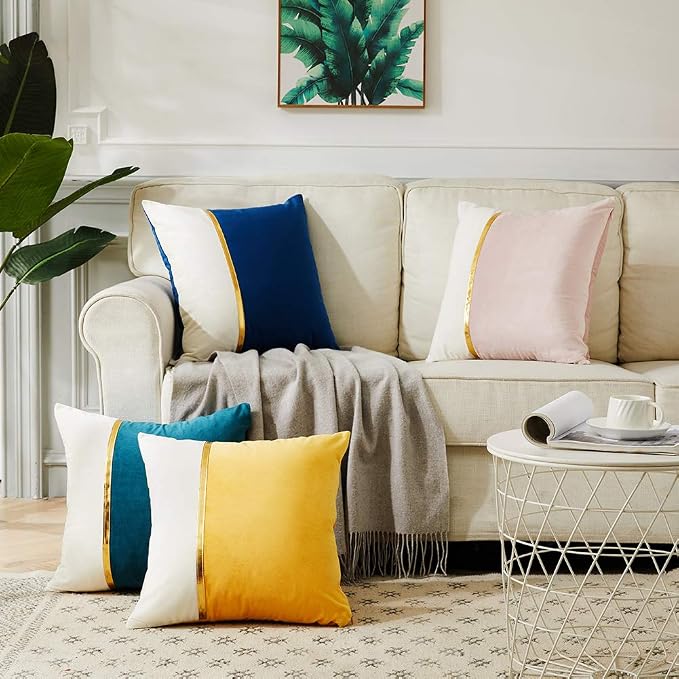 Fancy Homi 2 Packs Decorative Throw Pillow Covers 20x20 Inch for Living Room Couch Bed, Navy Blue and White Velvet Patchwork with Gold Leather, Luxury Modern Home Decor, Accent Cushion Case 50x50 cm