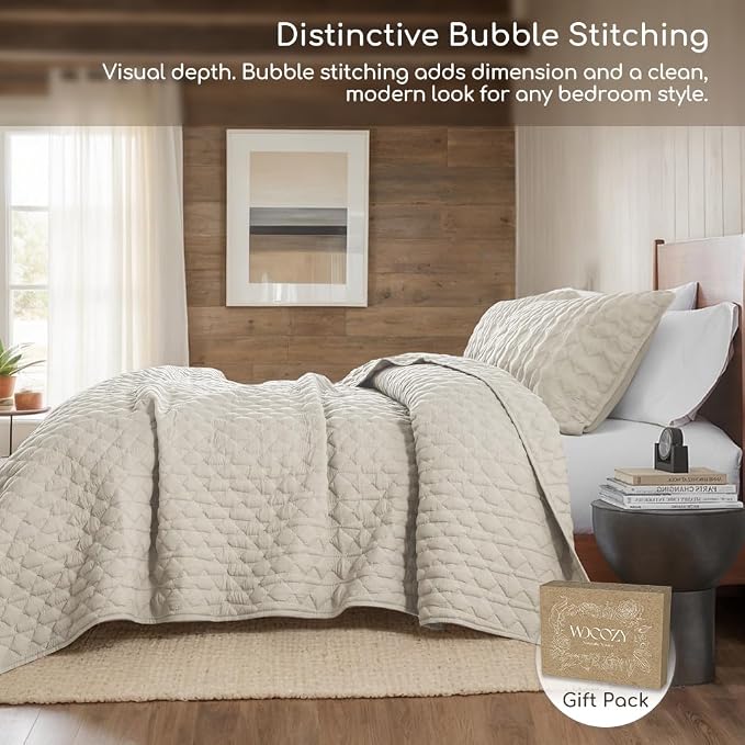 WDCOZY Light Beige Quilts Queen Size Bedding Set with 2 Pillow Shams, Lightweight Soft Full Bedspread Coverlet, Thin Comforter Bed Cover for All Season, 3 Pieces, 90x90 inches