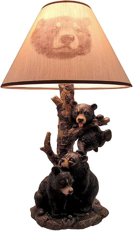Zeckos Black Bear Family Table Lamp W/Tree Bark Print Shade Western Décor