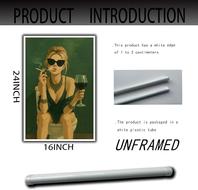YUECOSHMAO Dark Green Bathroom Wall Art Fashionable Girl Canvas Art Print Interesting Toilet Decoration Murals Modern Toilet Murals for Laundry Room Bathroom Home Decoration Poster16X24 Inch Unframed