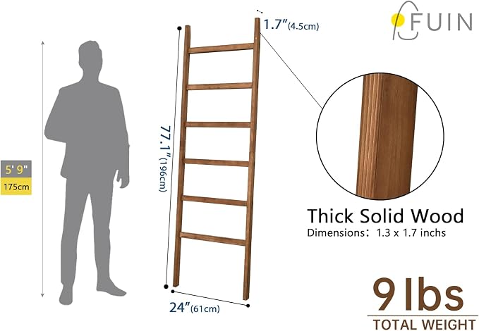 FUIN Blanket Ladder, 24in Wide Rustic Solid Wood Decor Rack, Brown | 6.4 ft high and 6 rungs, farmhouse quilt display holder, organize towel and scarf, leaning wall, bathroom and living room use
