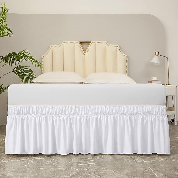 MEILA Wrap Around Elastic Bed Skirt for Twin & Full Beds, 16" Drop, White | Three-Side Adjustable Elastic Dust Ruffle, Ruffled Polyester Fabric, Easy to Install, Fade Resistant & Machine Washable