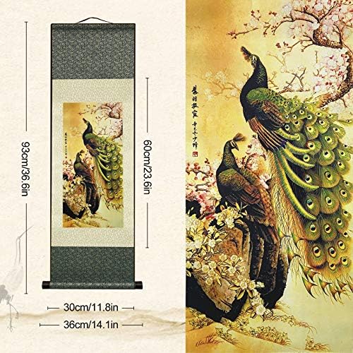 AtfArt Asian Wall Decor Beautiful Silk Scroll Painting Birds - Peacock - Cuiyu Pixia Oriental Decor Chinese Art Wall Scroll Wall Hanging Painting Scroll (36.2 x 12 in)