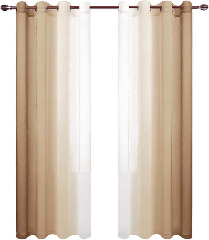 DWCN Taupe Faux Linen Ombre Sheer Curtains - 84 inches Long Gradient Semi Voile Curtains for Bedroom and Living Room, Set of 2 Grommet Top Window Curtain Panels, 52 x 84 Inches Long, Taupe