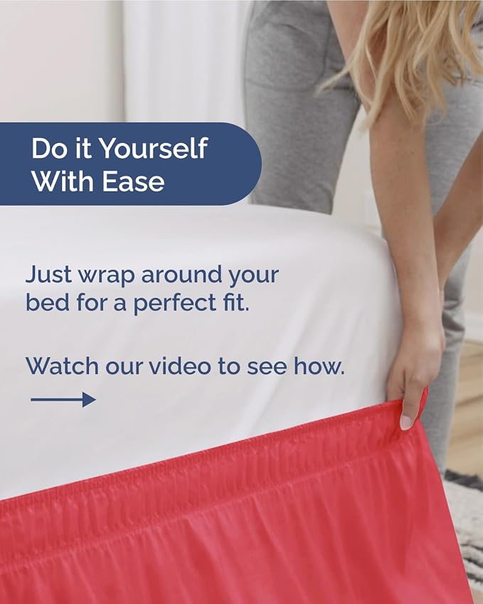 Wrap Around Dust Ruffle Bed Skirt, King Size Beds - Easy 15 Inch Drop, Red | Easy Fit Elastic Strap, Adjustable Pleated Bedskirt w/Brushed Fabric, Wrinkle & Fade Free, for Women, Men, Kids & Teens