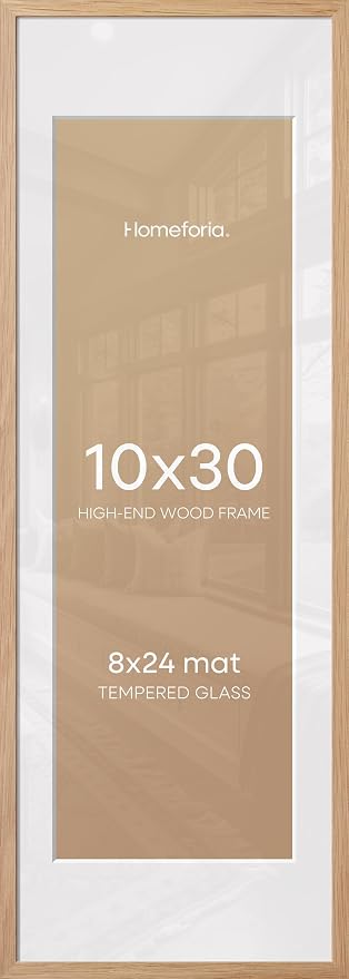 Homeforia 10x30 Natural Oak Picture Frame, High-End Wood, 8x24 Mat, Glass