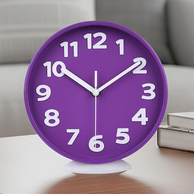 JENLYSTIME 8 Inch Vibrant Purple Modern Wall Clock – Silent Non-Ticking, Bold 3D Numbers, Precise Quartz Movement | Decorative Desk & Wall Clock with Stand for Home, Kitchen, Bedroom, or Office