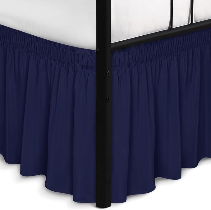 Wrap Around Queen Size Bed Skirt Split Corner 17" Drop-Elastic Dust Ruffle | Navy Adjustable Pleated Bedskirt-Easy Fit Wrinkle Resistant Washable Fabric Bed Skirting-Master Guest Bedroom Rental Hotels